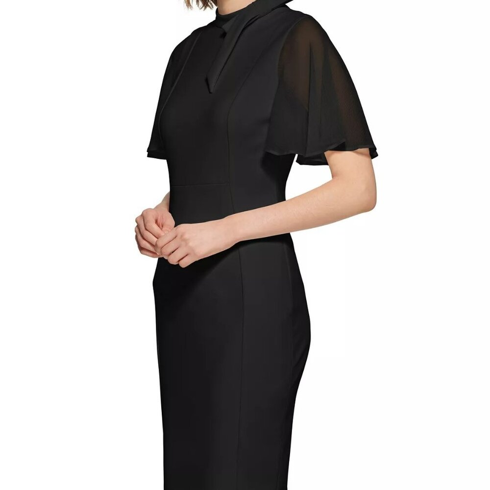 Calvin Klein Tie-Neck Chiffon-Flutter-Sleeve Sheath Dress in Black, Size 2